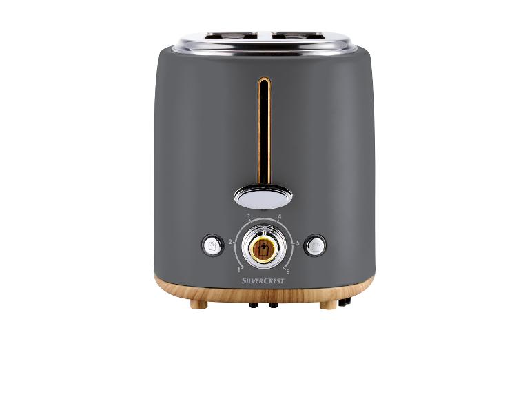 Dunkelgrauer SilverCrest Toaster mit Holzsockel.
