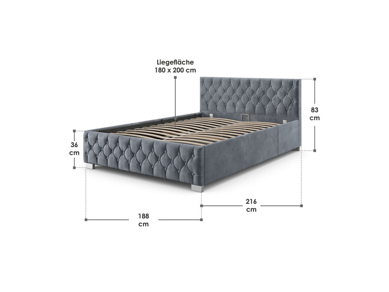 Ein graues Bett mit einem gepolsterten Kopfteil und Lattenrost.