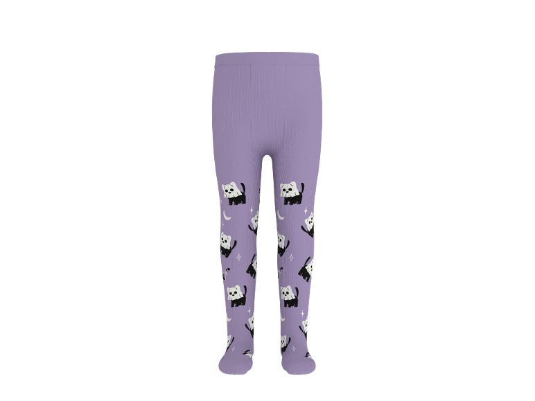 Lila Strumpfhose mit Geisterkatzen-, Mond- und Sternenmuster.