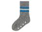 Graue Socke mit blauen Streifen und Anti-Rutsch-Punkten.