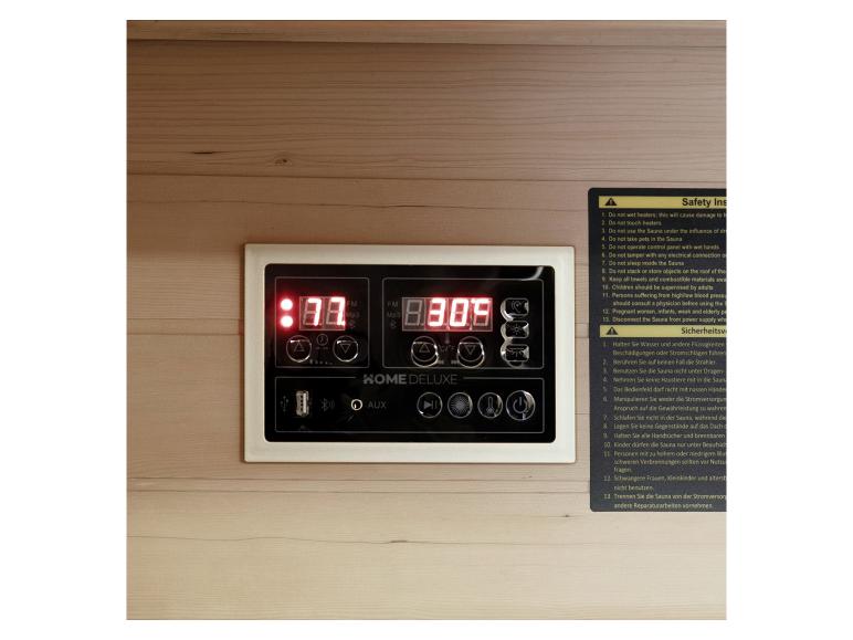 Sauna-Bedienfeld mit Digitalanzeige und Sicherheitshinweisen