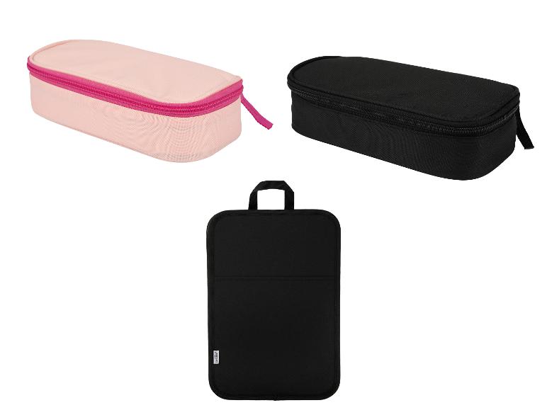 Hellrosa und schwarze Kosmetik- oder Reisetaschen und eine schwarze Laptophülle.