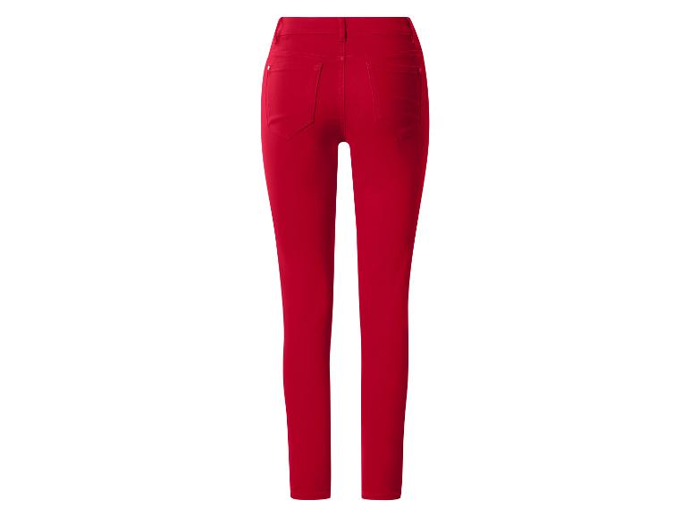 Rote Damen-Skinny-Jeans mit hoher Taille und Gesäßtaschen.
