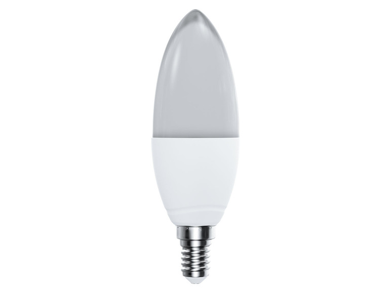 Eine weiße LED-Lampe mit E14-Sockel.