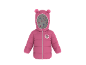 Rosa Kinderjacke mit Ohrenkapuze und einer Cartoon-Mausfigur auf der Brust.