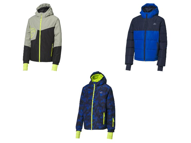 Drei Crivit Skijacken: eine grau-schwarze, eine blaue und eine blau-camouflage.