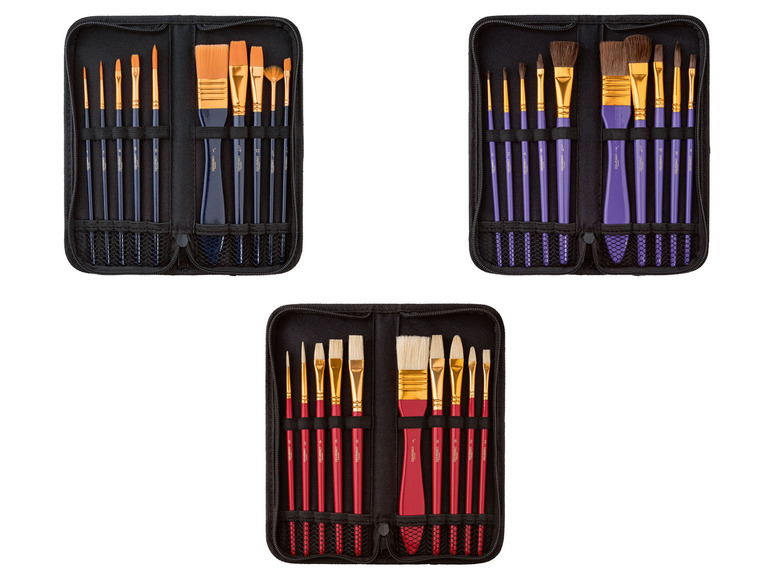 Drei Pinsel-Sets in schwarzen Etuis, mit blauen, violetten und roten Griffen.