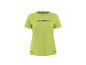 Damen-Sport-T-Shirt in Limettengrün mit lila Logo auf der Brust.