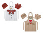 Weihnachtliche Küchenschürzen mit Schneemann- und Rentierdesign, inklusive Ofenhandschuhen und Mütze.