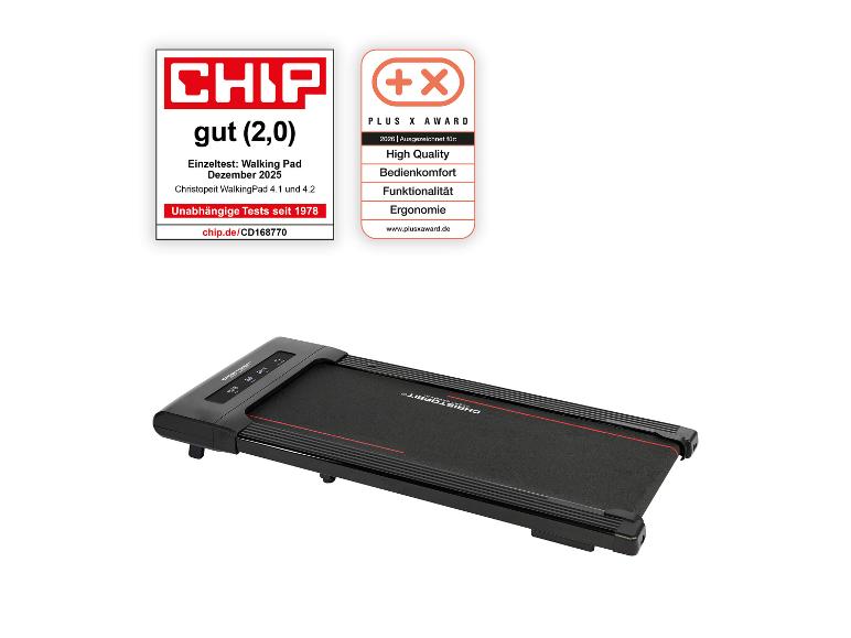 Schwarzes Walking Pad mit zwei Auszeichnungen für Qualität und Funktionalität.