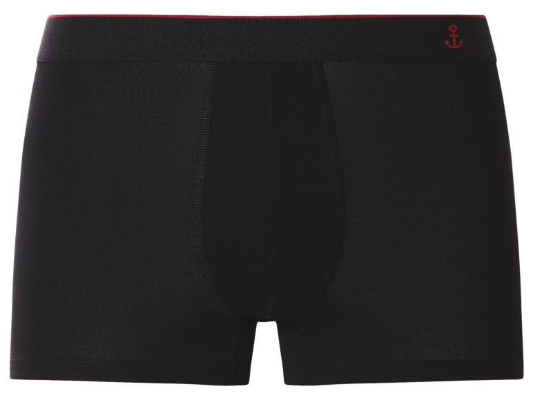 Schwarze Herren-Boxershorts mit rotem Bund und Ankermotiv.