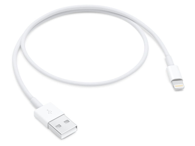 Ein weißes Lightning-auf-USB-Kabel.