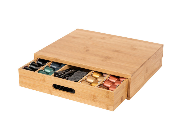 Ein Bambus-Aufbewahrungskasten mit Schublade für Nespresso-Kapseln