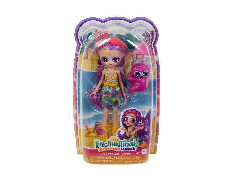 Enchantimals Sunshine Beach Sabindra Sloth und Hang Puppe in transparenter Verpackung.