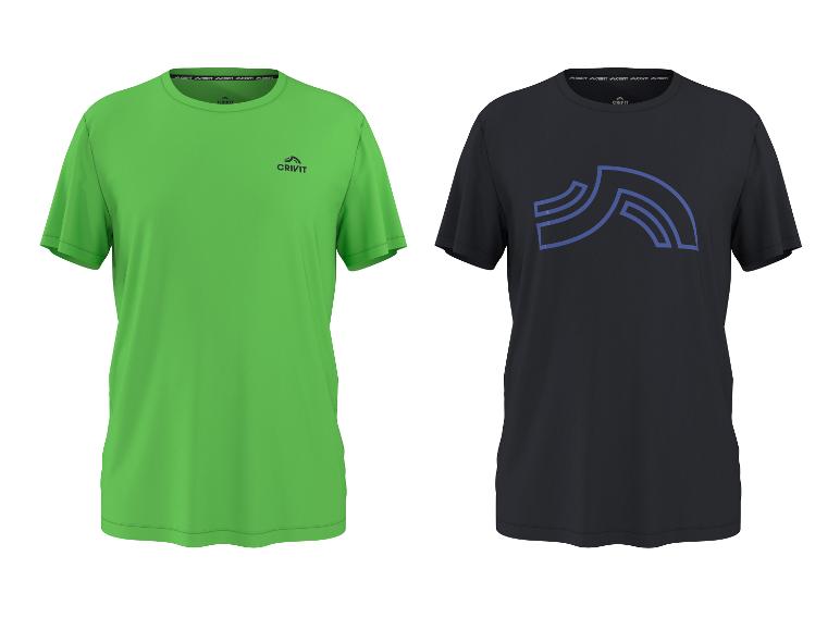 Zwei kurzärmelige Sport-T-Shirts, ein grünes und ein schwarzes mit blauem Aufdruck.
