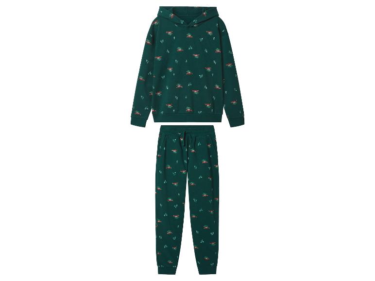 Grüner Pyjama mit Kapuzenpullover und Hose mit Auto-Print