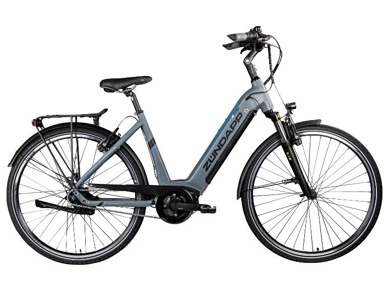 Graues Zündapp E-Bike mit schwarzem Sattel und Gepäckträger.