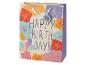 Geburtstagsgeschenktüte mit Geschenk- und Ballonmotiven, mit dem Text „HAPPY BIRTHDAY!“