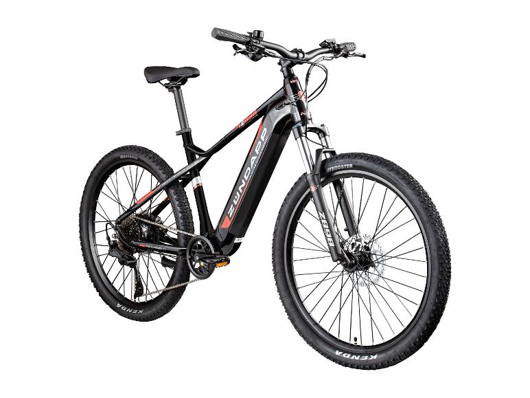 Schwarz-rotes E-Mountainbike mit Stollenreifen und Federung vorne.
