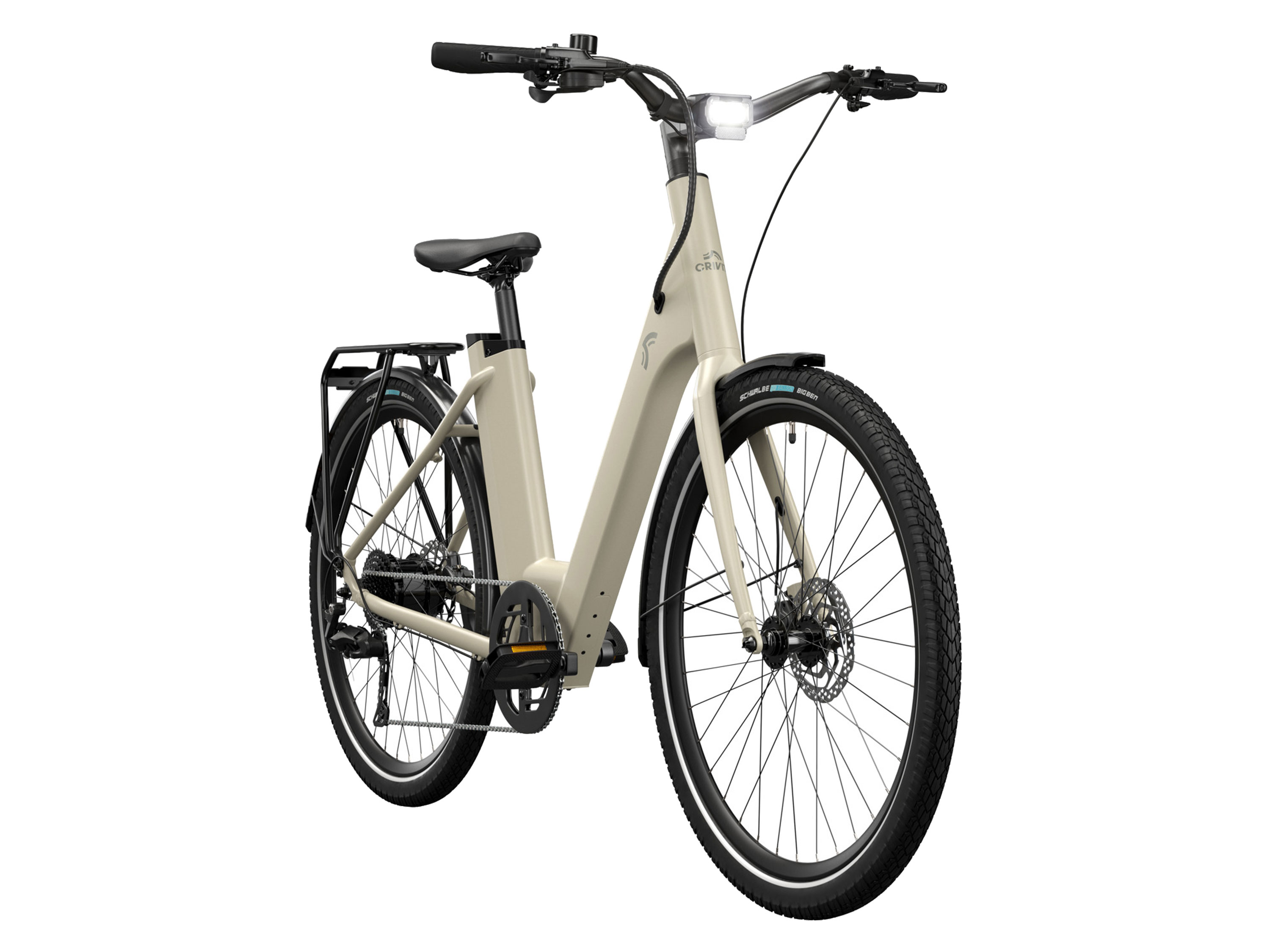 CRIVIT Urban E-Bike Y.3 Shimano CUES (Desert Beige)““ | 27,5 Breite: 250 mm, mit Re, Autoventil und Schraderventil-Adapter, Shimano-V, , 98% Vormontiert Service & FAQs unter www.crivit-bikes.com Praktischer Karton für einfaches Unboxing Schwalbe Schwalbe „Big BenReifen