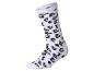 Weiße Socke mit schwarzem und beigem Leopardenmuster.