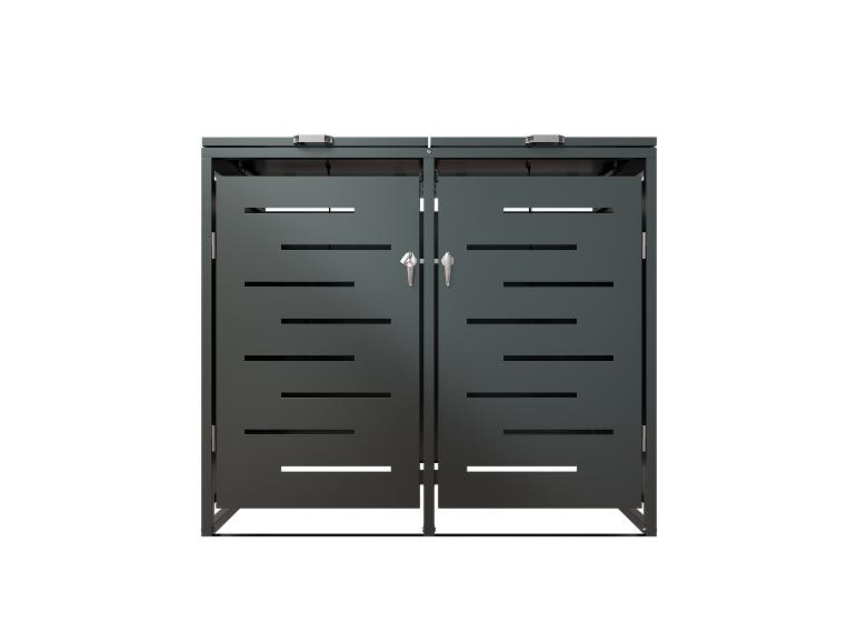 Dunkelgraue Metallaufbewahrungsbox mit Doppeltüren und horizontalen Schlitzen.