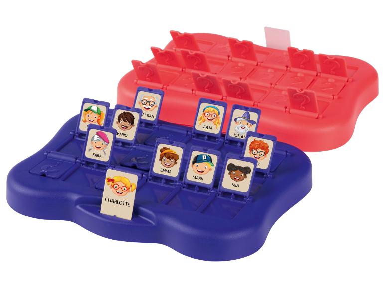 Ratespiel mit blauen und roten Basen, mit Charakterkarten mit Gesichtern und Namen.