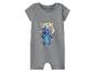 Grauer Baby-Strampler mit blauem Cartoon-Charakter-Aufdruck und dem Text „I'm not a morning alien“.
