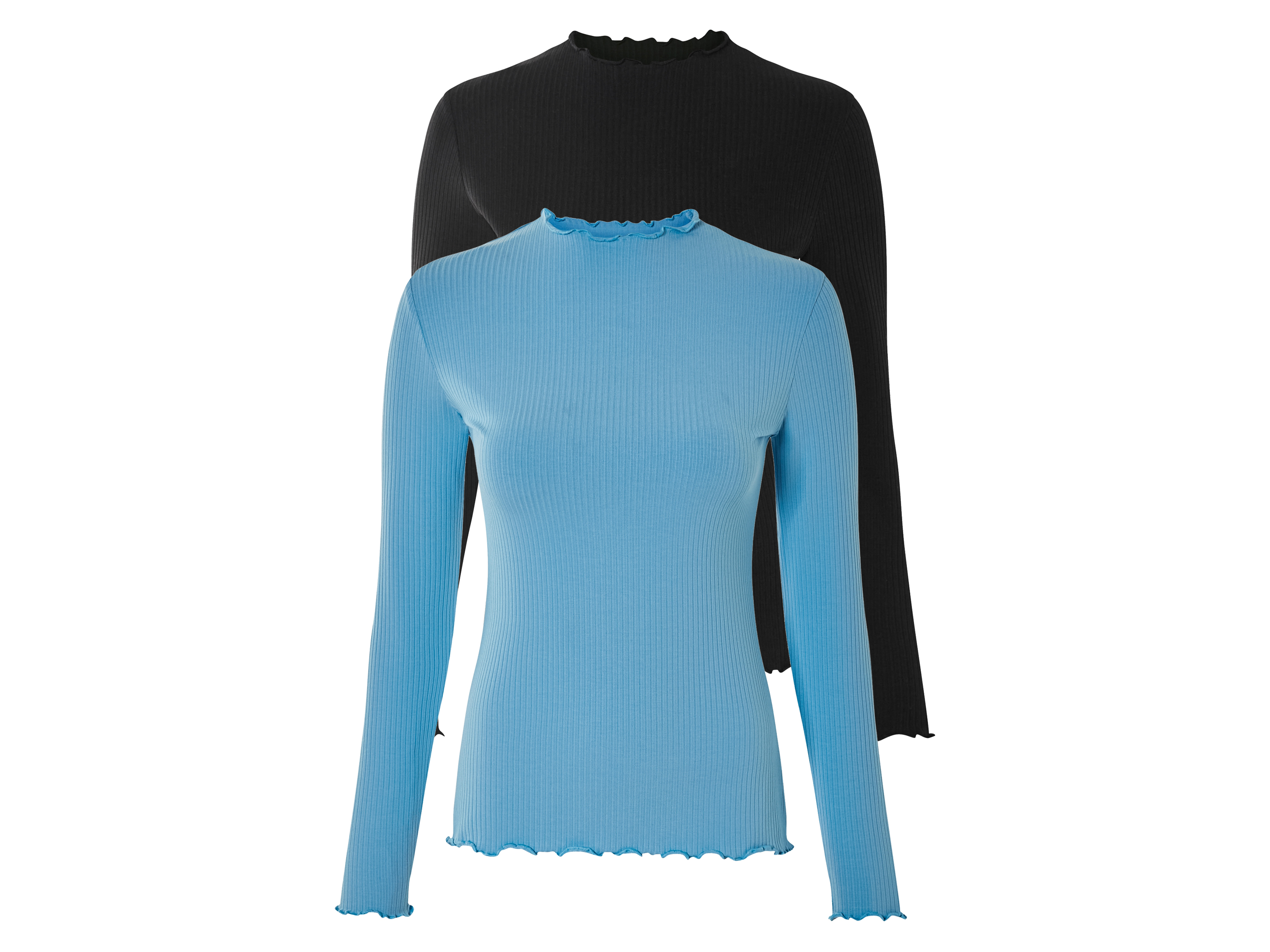esmara® Damen Langarmshirt Rippe 2er (Schwarz/blau, L(44/46))““ | schwarz/blau, schwarz/marine Muster: – Detail: weiche Ripp-Qualität modischem Kräuselsaum Schnitt: körpernah geschnitten Ausschnitt: Rundhalsausschnitt Multipack: 2 Stück Material: Polyester recycelt, 33 % Viskose Lenzing™ Ecovero Elasthan Lycra® Pflegehinweis: waschen bei max. 30 °C Pflegeleicht nicht bleichen nicht im Wäschetrockner trocknen bügeln bis 110 °C Stufe 1. Kein Bügeln mit Dampf nicht trockenreinigen Größe: XS 32/34 – L 44/46 Meine Lidl-Größe – so einfach gehts Deine Größe findest du in der Lidl-Größentabelle . Oeko-Tex® Standard 100 Geprüft auf Schadstoffe Zertifizierungsnummer: Hk020 189791 Testex Standard 100 by Oeko-Tex® ist die weltweit bekannteste, unabhängige Zertifizierung schadstoffgeprüfter Textil- und Lederprodukte aller Art – vom Garn und den Stoffen bis hin zum gebrauchsfertigen Artikel. Das Label bestätigt
