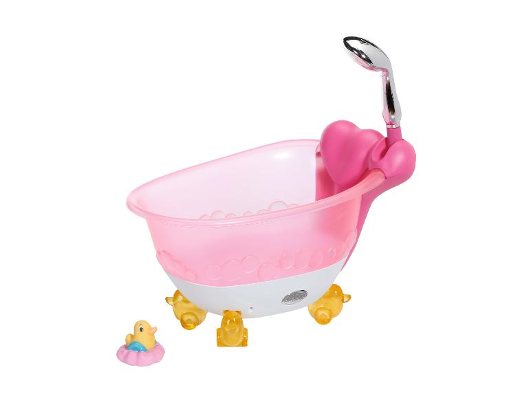 Eine rosafarbene Badewanne für Puppen mit einer Duschbrause und einer Gummiente.