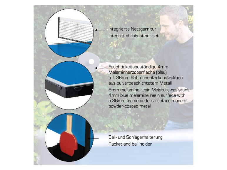 Tischtennisplatte mit Netz, Melaminoberfläche und Schlägerhalterung.