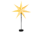 Gelbe Papierstern-Lampe auf einem schwarzen Ständer