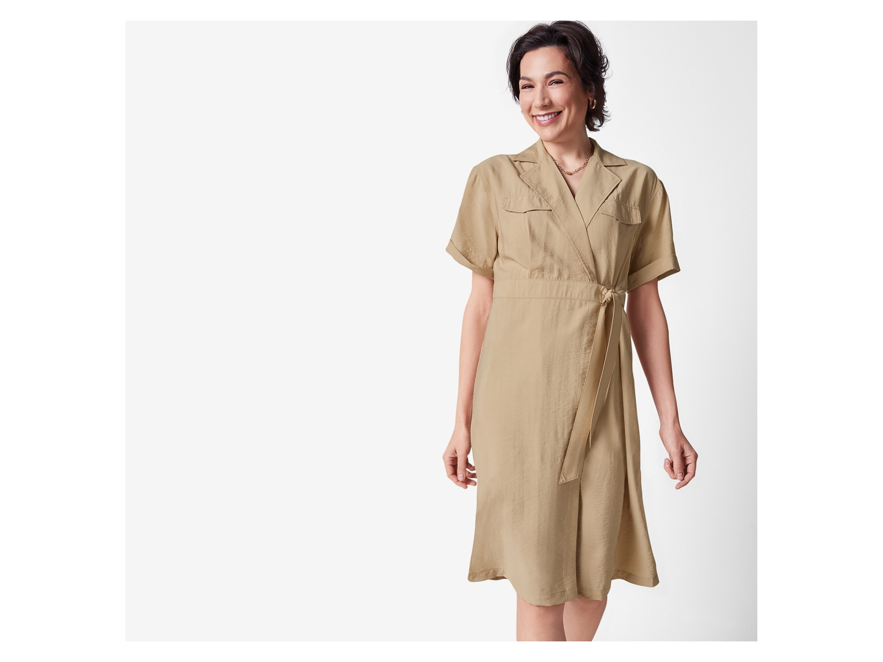 ESMARA® Damen Wickelkleid / Kleid, mit Bindeband (Beige, 34) – Bild 2 von 4
