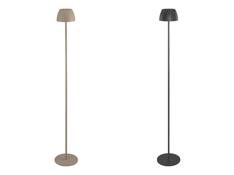 Zwei Stehlampen, eine beige und eine schwarze, mit glockenförmigen Lampenschirmen.