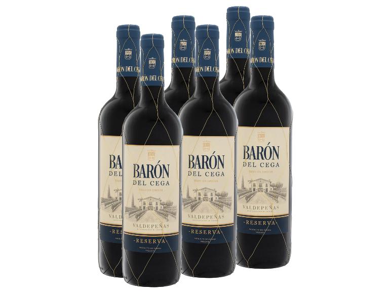 Sechs Flaschen Barón del Cega Valdepeñas DO Reserva trockener Rotwein.