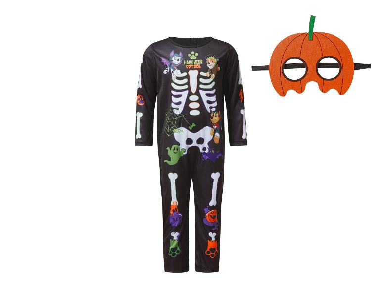 Skelett-Overall mit Halloween Patrol-Motiv und Kürbismaske.