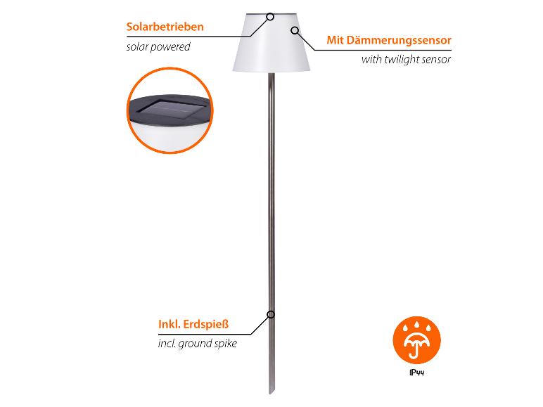 Solarbetriebene Gartenleuchte mit Dämmerungssensor und Erdspieß, IP44.