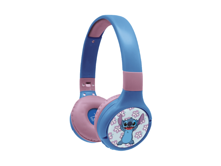 Blau-rosa Kopfhörer mit Zeichentrickfigur und Blumenmuster.