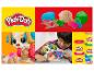 Play-Doh: Logo, bunte Knete und ein Kind, das mit einem Play-Doh-Welpen spielt.