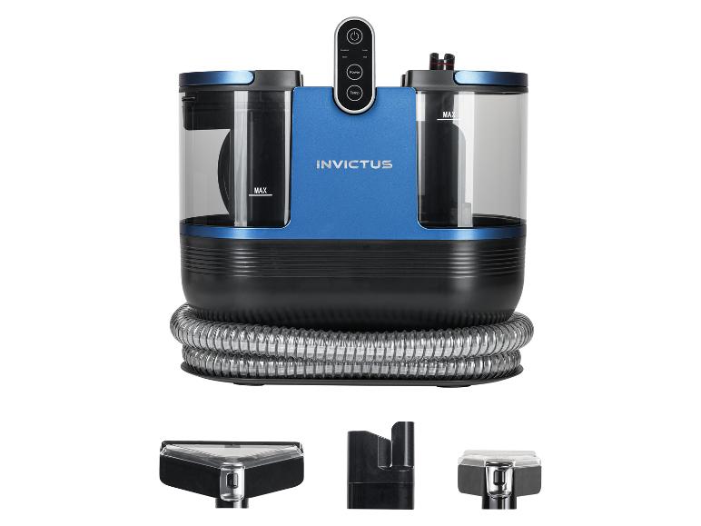 Blauer INVICTUS Teppichreiniger mit Schläuchen und Zubehör.