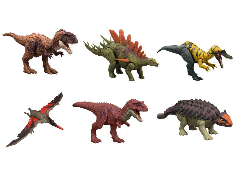 Sechs Dinosaurier-Spielzeuge, darunter ein T-Rex, Stegosaurus, Baryonyx, Pteranodon und Ankylosaurus.