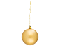 Goldene Weihnachtskugel mit Schnur, hängt vor weißem Hintergrund.