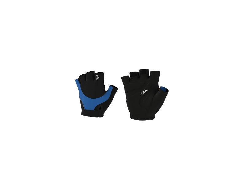 Paar schwarze und blaue fingerlose Fahrradhandschuhe mit Gelpolsterung.
