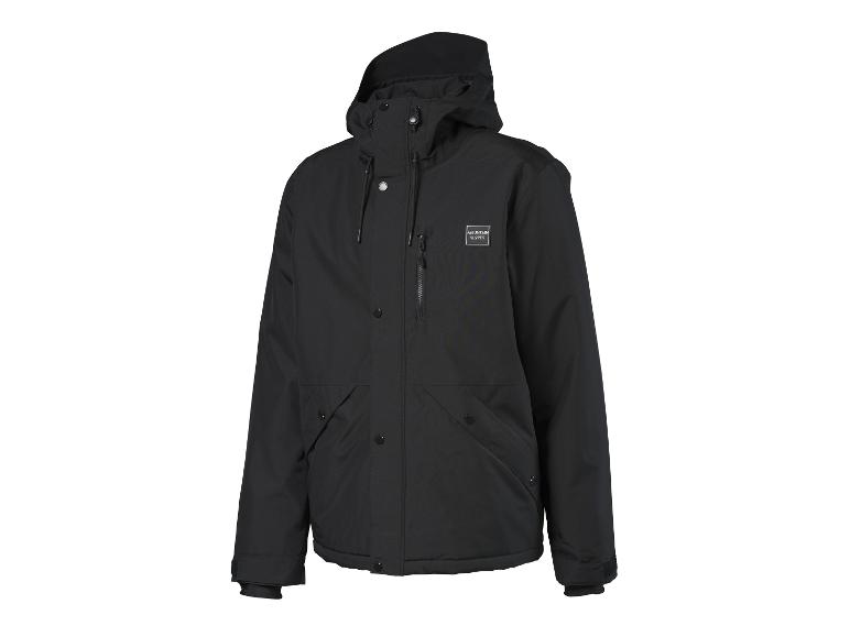 Schwarze Winterjacke mit Kapuze und Taschen, mit dem „MOUNTAIN SLOPES“-Logo.