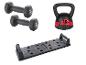 Eine 10 kg Kettlebell, zwei 2 kg Hanteln und eine Push-up Station von Crivit.