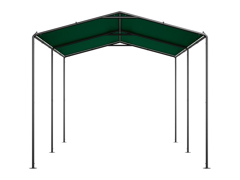 Grüner Pavillon oder Carport mit stabilem Metallrahmen.