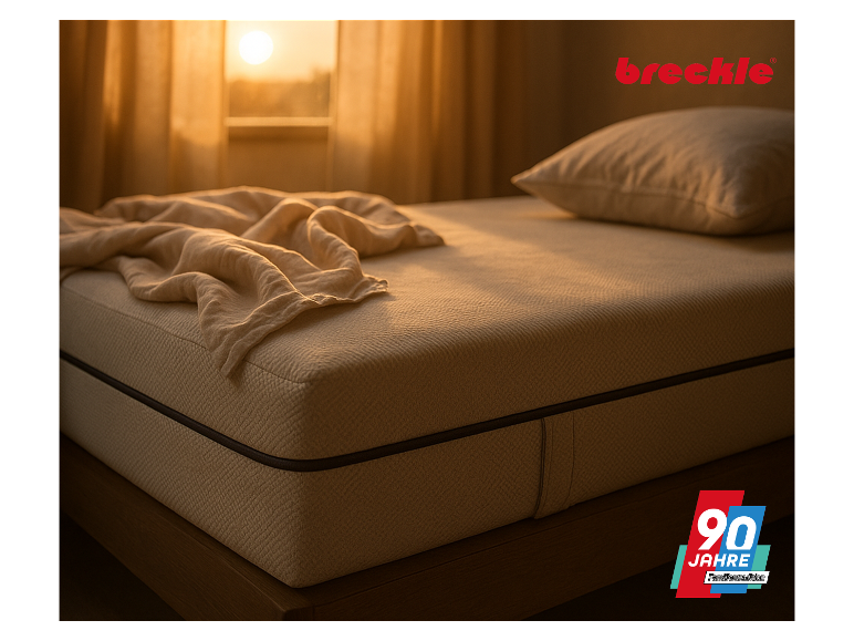 Breckle Matratze und Bettwäsche in einem Schlafzimmer bei Sonnenaufgang.