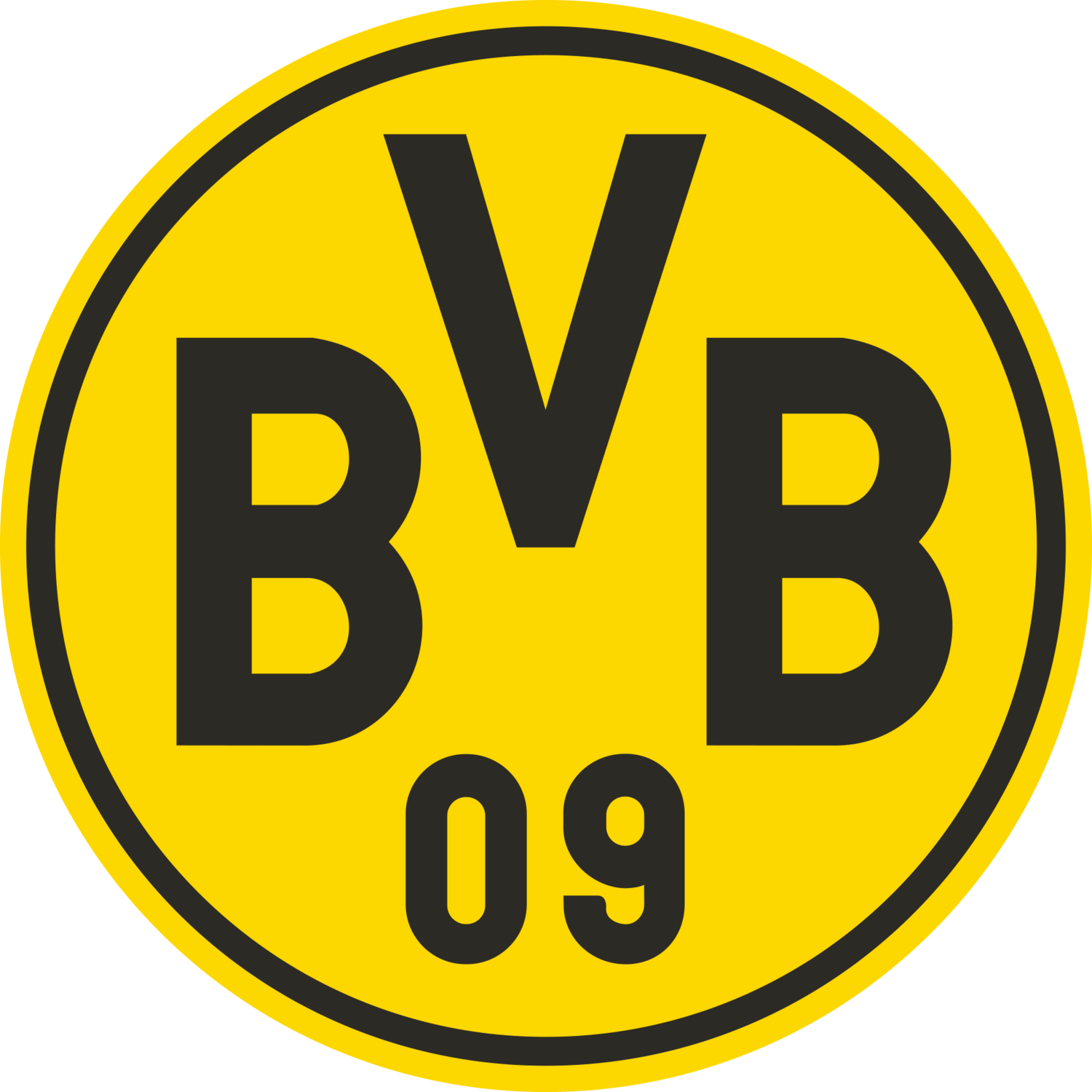 Gelbes rundes Siegel mit schwarzem Rand und schwarzem Text „BVB 09“.