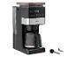 Schwarz-silberne Kaffeemaschine mit Digitalanzeige und Glaskanne.