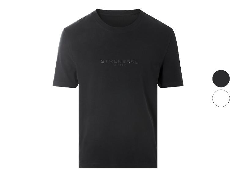 Schwarzes Kurzarm-T-Shirt mit geprägtem Text auf der Brust.